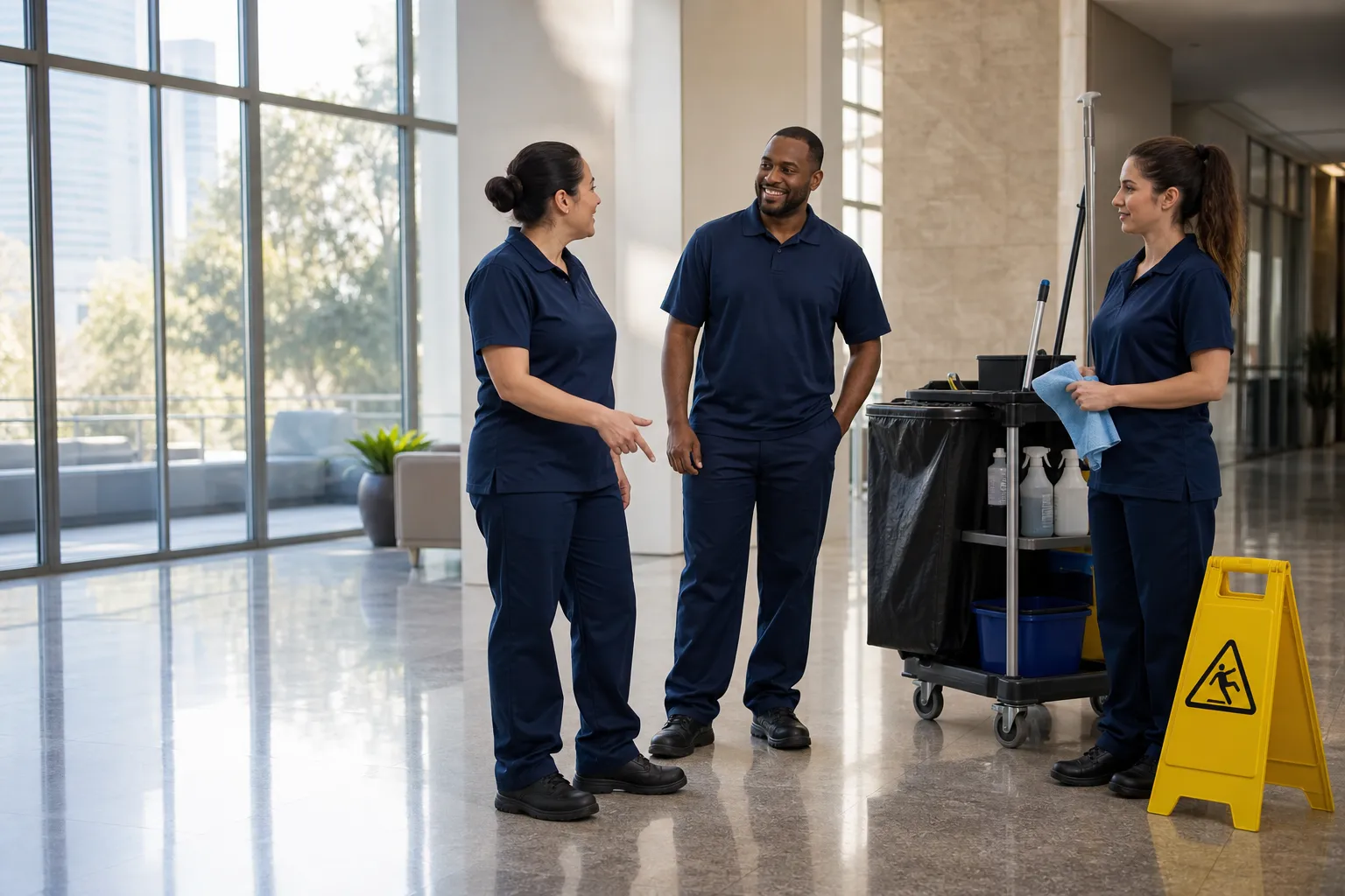 Three Ironcrest commercial cleaning technicians in matching uniforms with a janitorial cart in a Los Angeles County office lobby