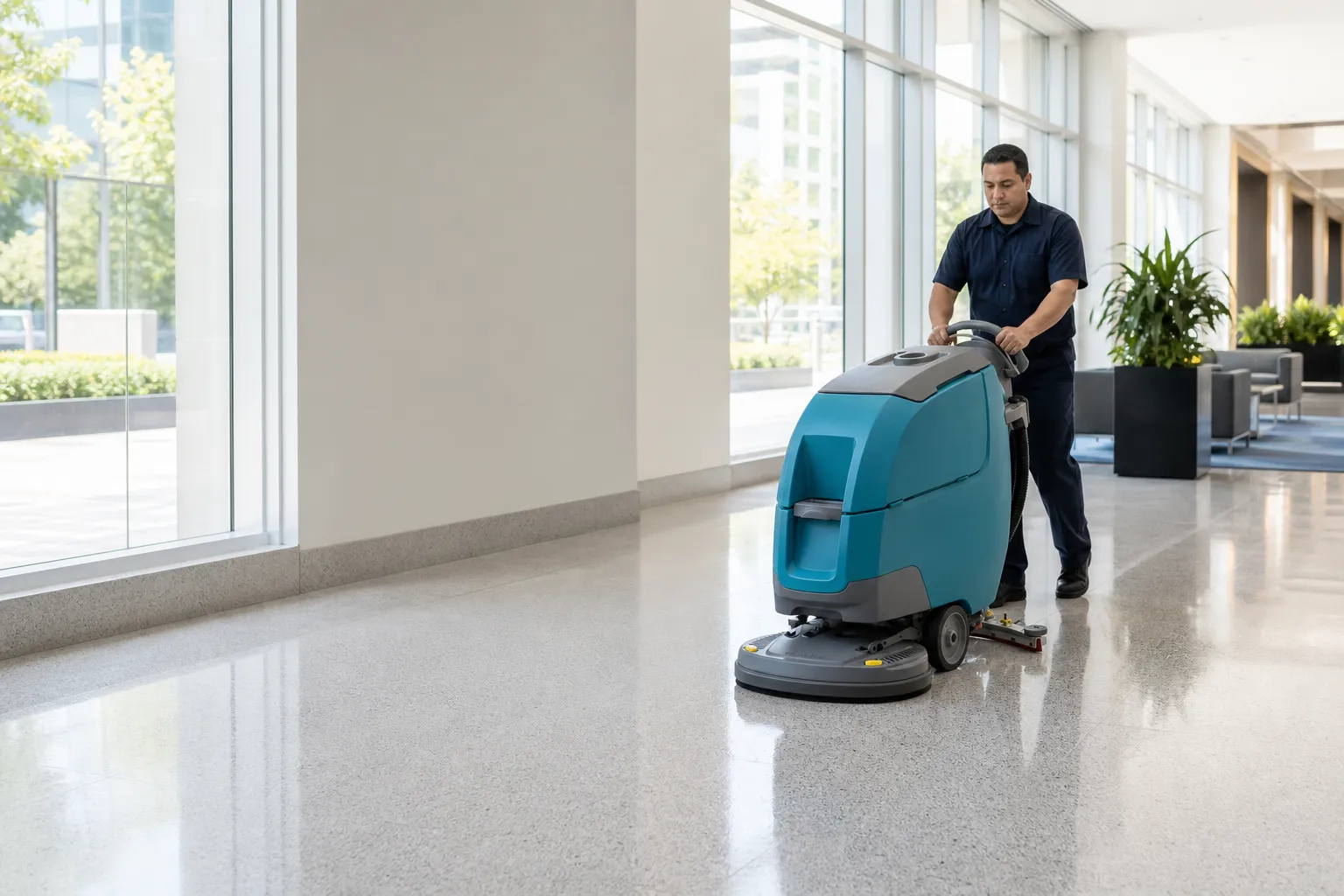Ironcrest technician running a walk-behind auto scrubber across a bright Los Angeles County commercial lobby floor