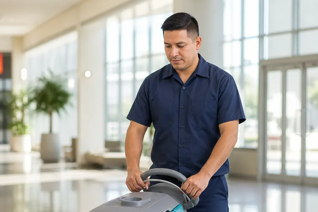 Ironcrest commercial cleaning technician at the controls of a walk-behind auto scrubber in a bright commercial building lobby