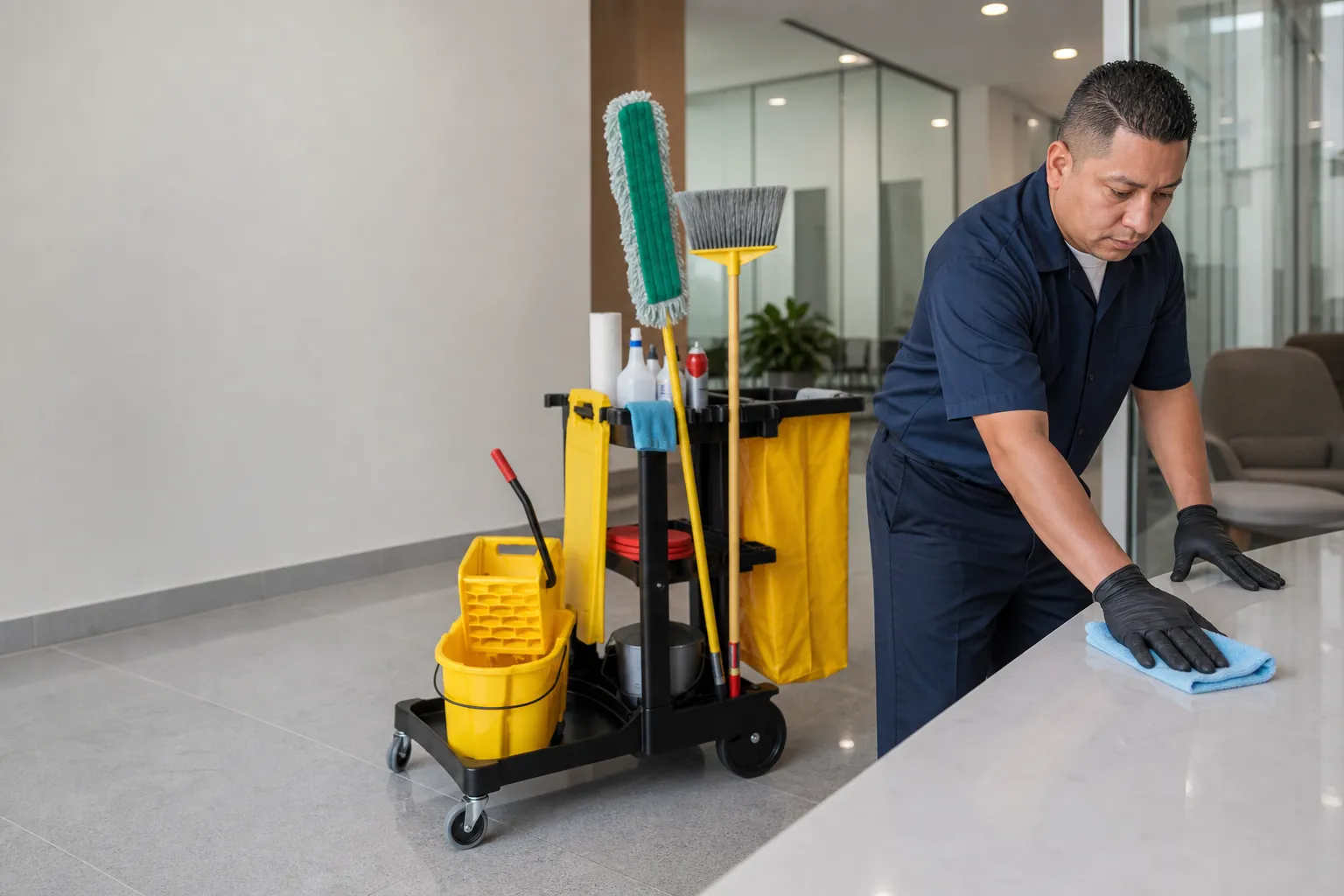 Ironcrest technician wiping down a reception counter beside a stocked janitorial cart in a Los Angeles County office lobby