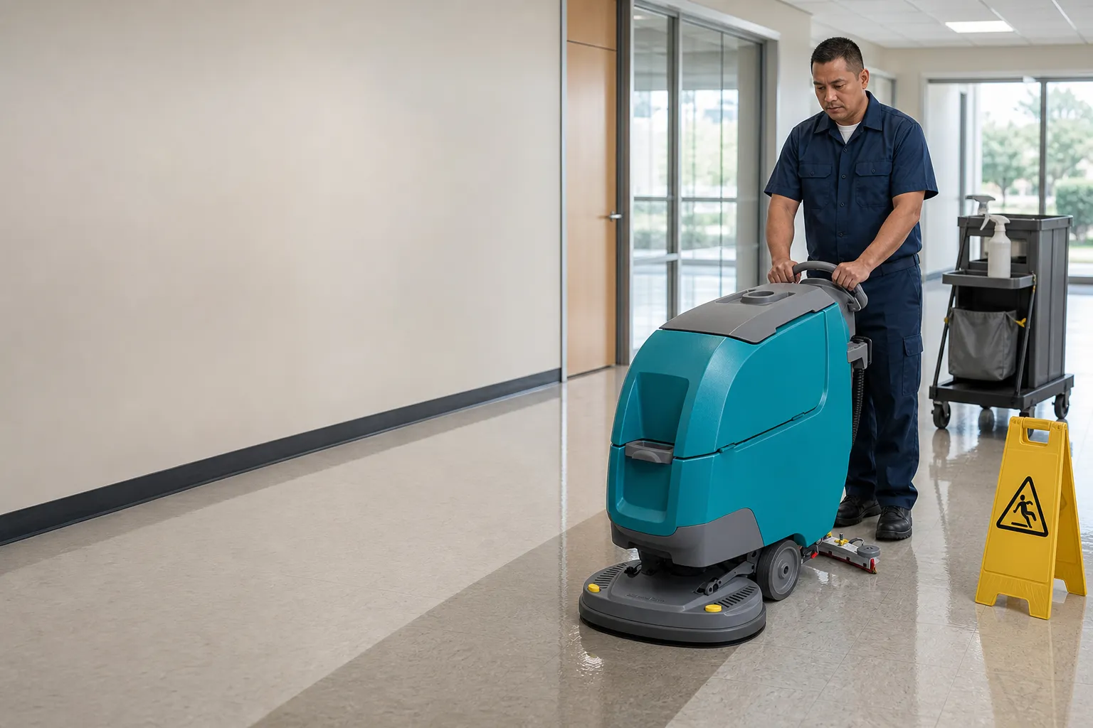 Ironcrest technician running a walk-behind auto scrubber down a VCT corridor in a Los Angeles County commercial building