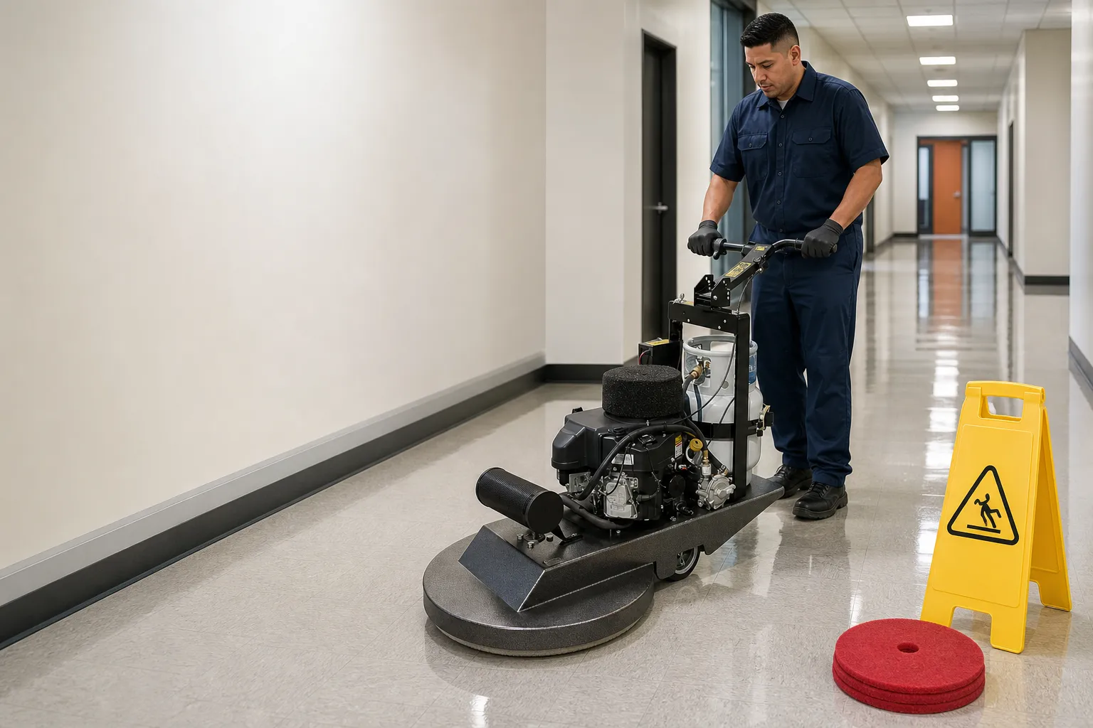 Ironcrest floor technician running a propane burnisher to a high-gloss finish in a Los Angeles County commercial corridor