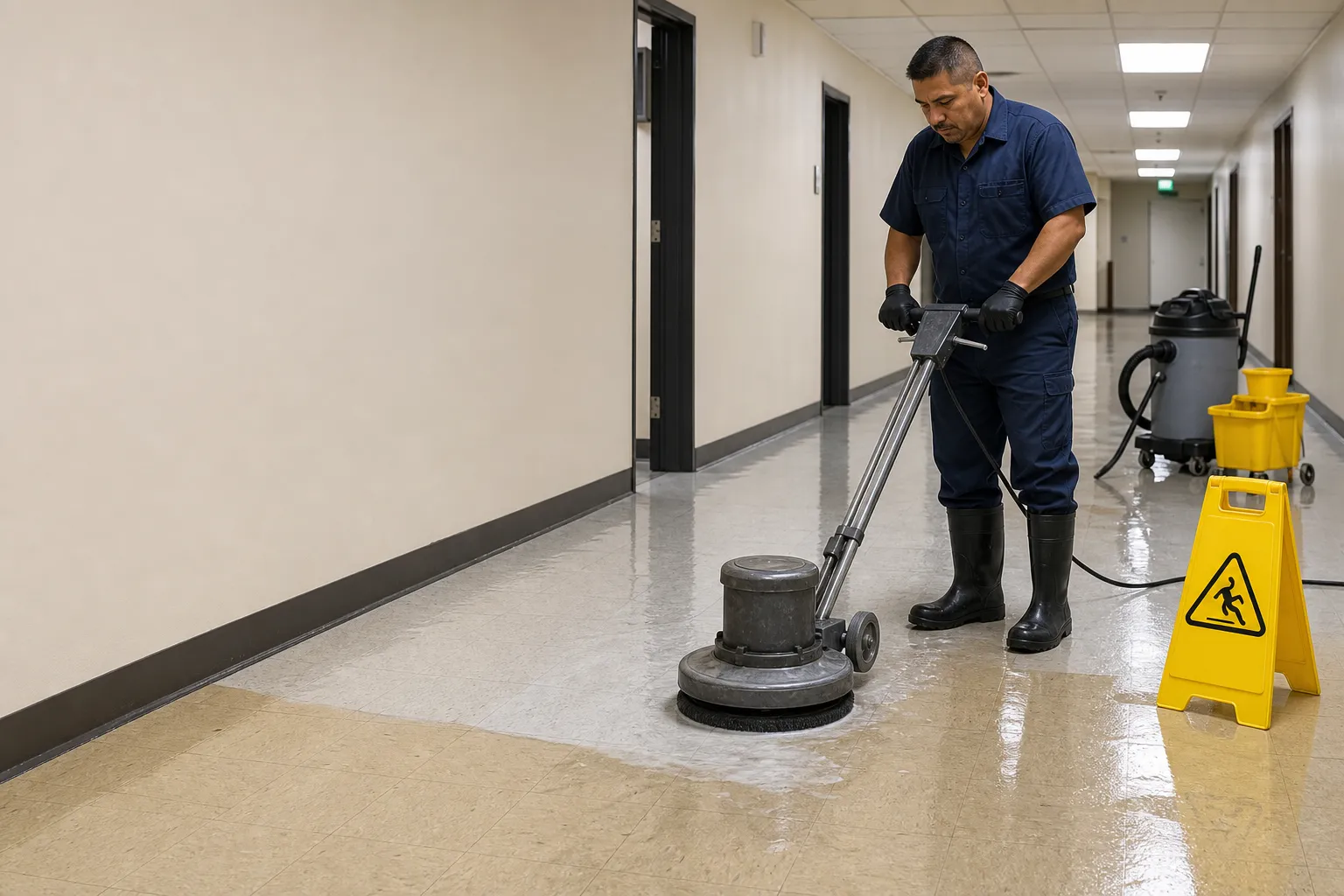 Ironcrest floor technician stripping old finish from a VCT corridor floor with a low-speed rotary floor machine in a Los Angeles County building