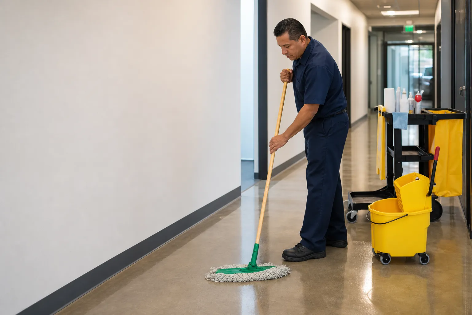 Ironcrest janitor dust-mopping a polished corridor beside a stocked janitorial cart and mop bucket in a Los Angeles County office building