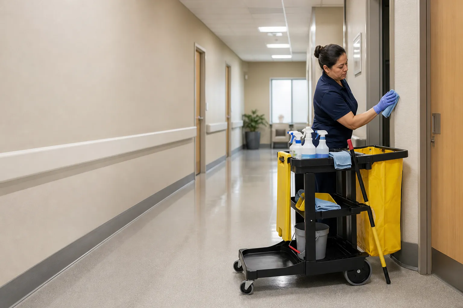Ironcrest technician disinfecting a high-touch door frame beside a janitorial cart in a Los Angeles County medical office corridor
