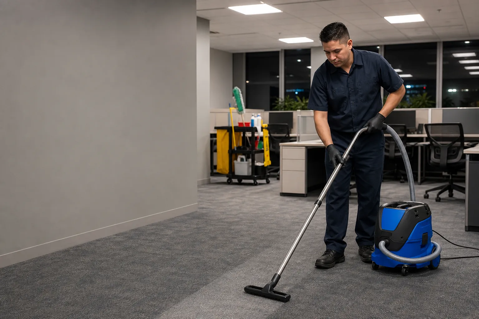Ironcrest technician vacuuming carpet with a commercial canister vacuum in a Los Angeles County open-plan office after hours
