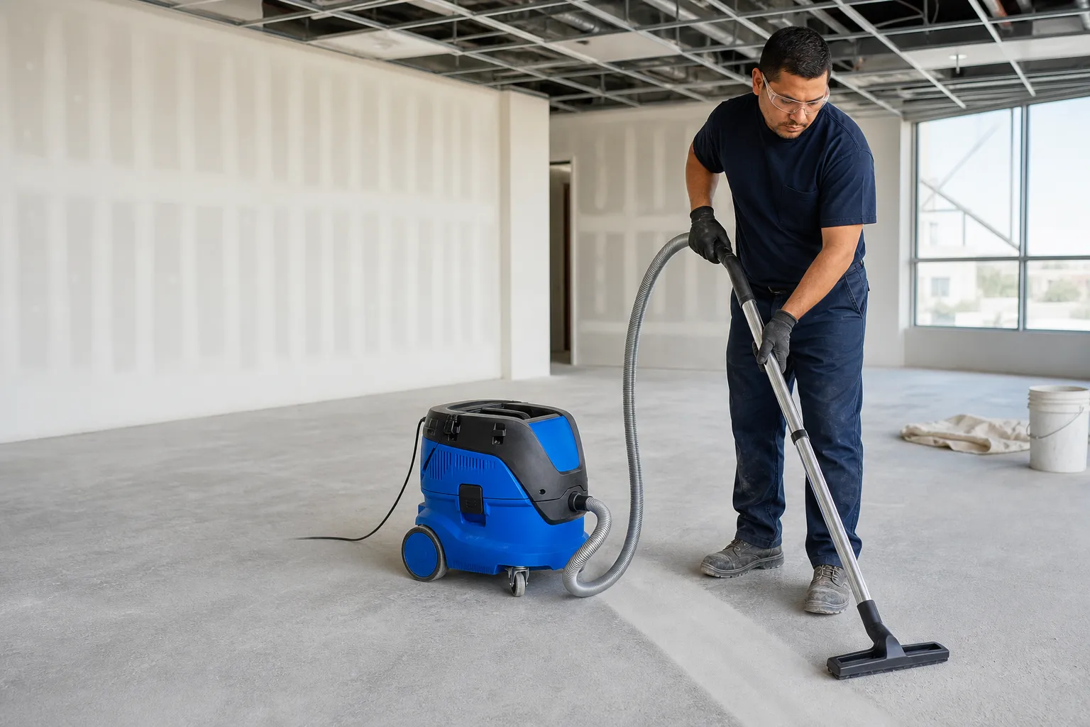 Ironcrest technician vacuuming construction dust with a HEPA wet/dry vacuum in a newly built Los Angeles County commercial interior