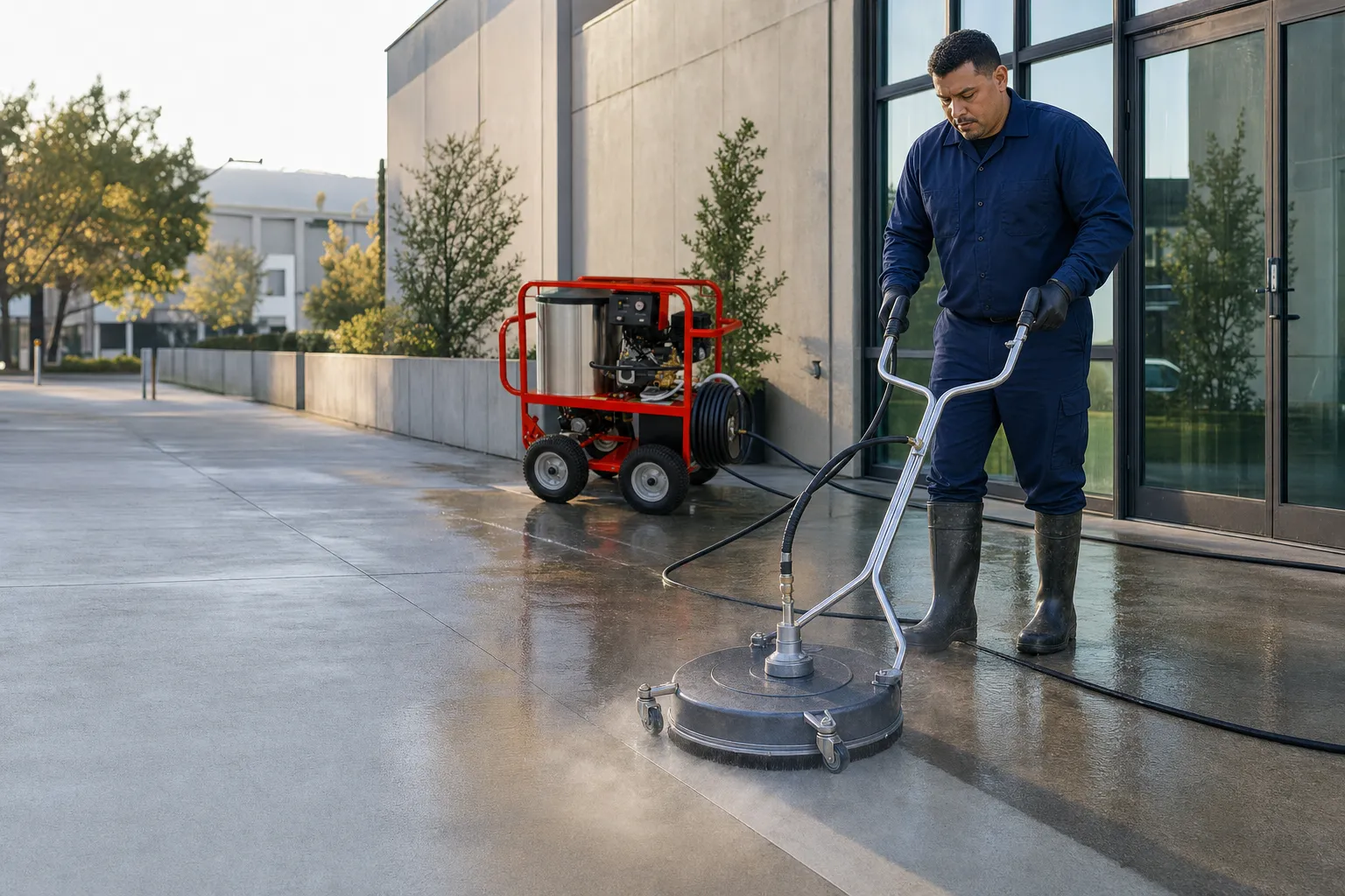Ironcrest technician pressure washing a concrete walkway with a rotary surface cleaner outside a Los Angeles County commercial building