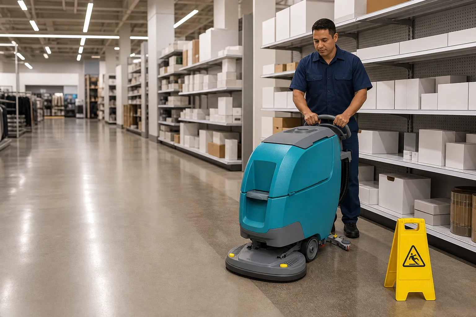 Ironcrest technician running a walk-behind auto scrubber down a Los Angeles County retail store aisle after hours