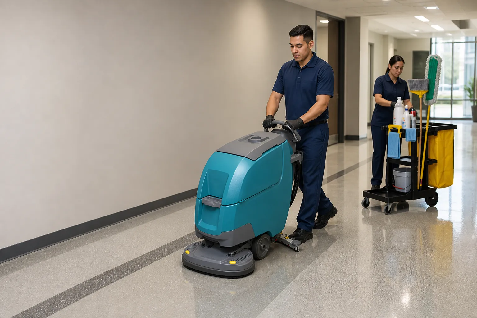 Two Ironcrest technicians servicing a Los Angeles County commercial corridor with a walk-behind auto scrubber and janitorial cart
