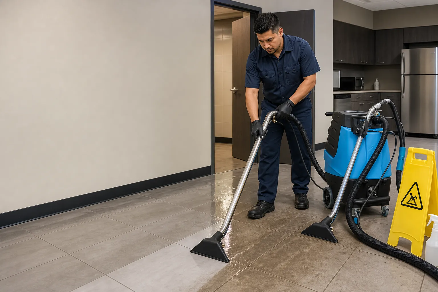 Ironcrest technician deep-cleaning commercial floor tile and grout with a hot-water extractor in a Los Angeles County break room