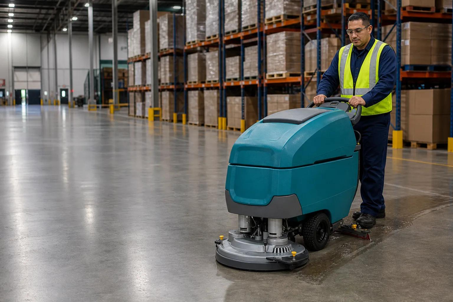 Ironcrest technician in a safety vest scrubbing a concrete aisle with a walk-behind auto scrubber in a Los Angeles County warehouse